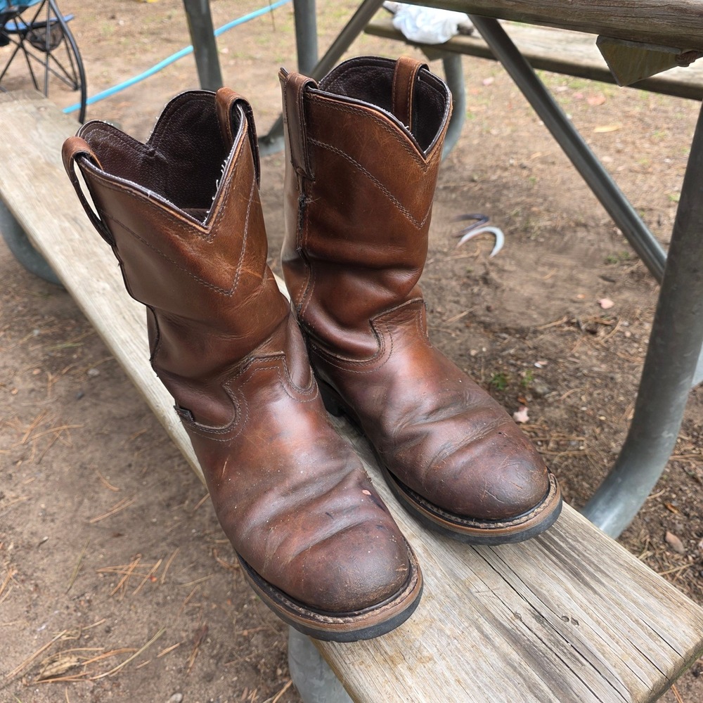 Justin Leather Work Boots Mens 10.5D Waterproof Brown Pull On Workwear Western